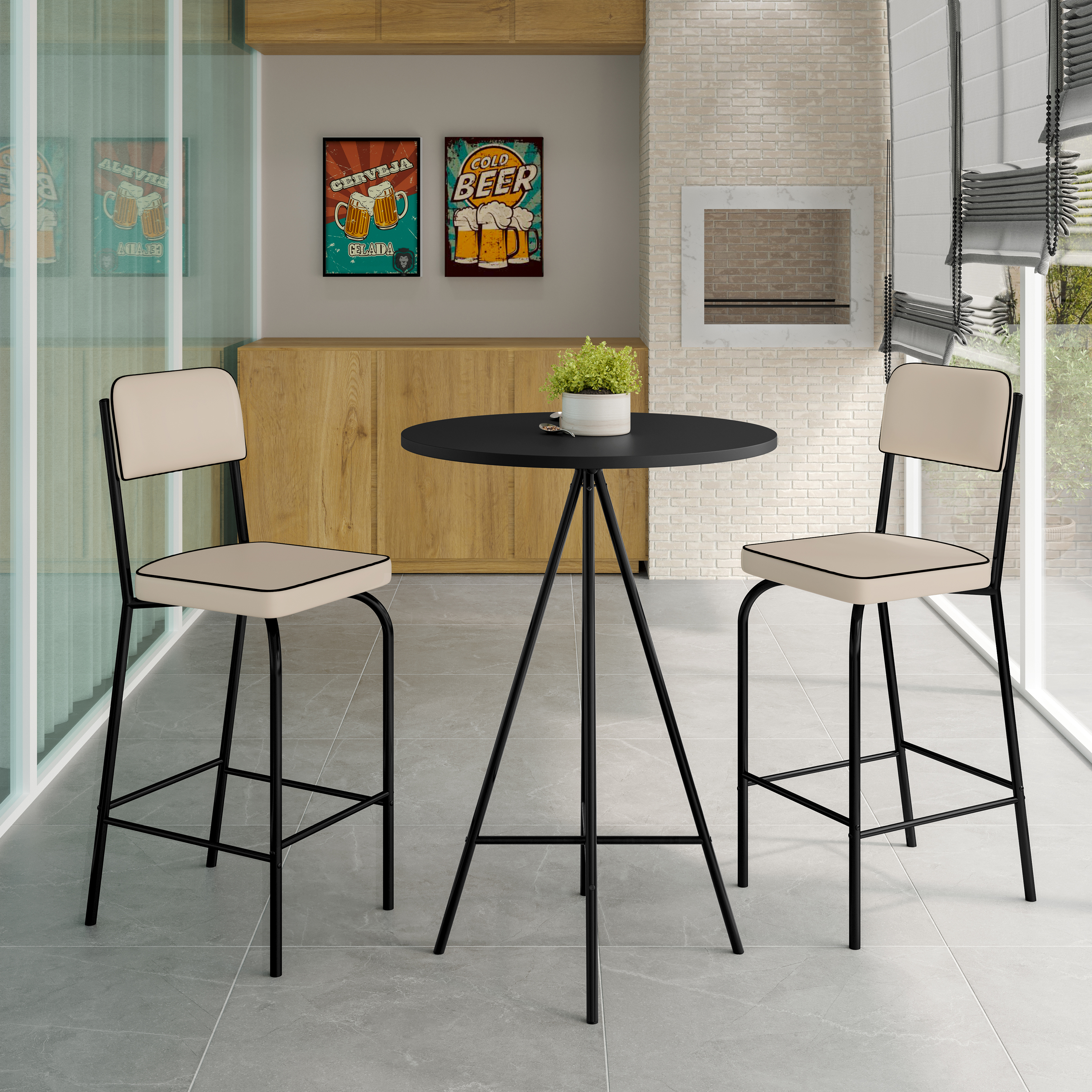 Bistrô Milão em ambiente de churrasqueira com banco off-white